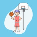 Concept Of Active Sport And Healthy Lifestyle. Young Cheerful Boy Plays Basketball At School Or University. Basketball