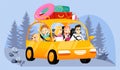 Concept Of Adventures Of Family Vacations. Happy Family Are Travelling Together By Car. Father, Mother, Daughter, Son Royalty Free Stock Photo