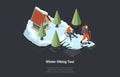 Concept Of Adventures, Hiking, Winter Exploring And Family Vacations. Man And Woman With Equipment, Walking Sticks