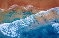 Concept aerial top view summer sunny travel image. Turquoise water with wave with sand beach background Royalty Free Stock Photo