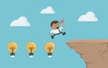 Concept African businessman crosses a high cliff with a lamp showing his intelligence and his hand holding a red flag