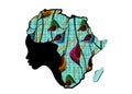 Concept of African woman, face profile silhouette with turban in the shape of a map of Africa. Colorful Afro print fabric, tribal