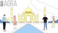 Concept Of Agra Sightseeing And Tourism. People Visit India. Male And Female Characters With City Map Visiting Famous