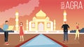 Concept Of Agra Sightseeing And Tourism. People Visit India. Male And Female Characters With City Map Visiting Famous