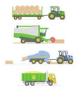 Concept Of Agricultural Business And Farm Machines. Set Of Farm Machines With Drivers. Tractor Harvester Combine And