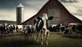 The concept of agriculture industry, farming, and animal husbandry is exemplified by a herd of cows eating hay in a cowshed