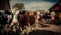 The concept of agriculture industry, farming, and animal husbandry is exemplified by a herd of cows eating hay in a cowshed