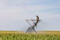 Center pivot irrigation system watering corn crop during summer Royalty Free Stock Photo