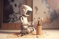 Concept for AI generated art with humanoid artificial intelligence android with painting brushes. Generative AI