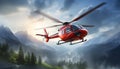 Concept of air ambulance with a helicopter soaring in the air among mountains Royalty Free Stock Photo