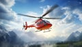 Concept of air ambulance with a helicopter soaring in the air among mountains Royalty Free Stock Photo