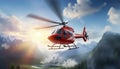 Concept of air ambulance with a helicopter soaring in the air among mountains Royalty Free Stock Photo