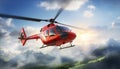 Concept of air ambulance with a helicopter soaring in the air among mountains Royalty Free Stock Photo
