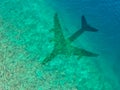 The concept of air travel. Top view of the ocean or sea, with the shadow of a flying plane. Copy space Royalty Free Stock Photo