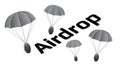 Concept Airdrop coins on parachutes and big isometric text isolated on white background. Blank coins with copy space for token