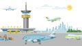 Concept airport banner, work airstrip airfield and terminal flat vector illustration. Take off, landing passenger plane Royalty Free Stock Photo