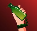 Concept of alcohol addicted. Alcoholic addicted holds and is chained to the bottle.