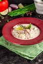 Concept of American cuisine. chowder potato soup with sea food, mussels, salmon. Fish broth soup with milk Royalty Free Stock Photo