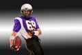 Concept american football, american football player with ball in hand. Black white background, copy space. American Royalty Free Stock Photo