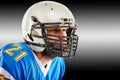 Concept american football, portrait of american football player in helmet with patriotic look. Black white background Royalty Free Stock Photo