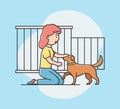Concept Of Animal Shelter for Stray Pets. Kind Woman Help Homeless Animals. Girl Adopting Dog From Shelter. Illustration