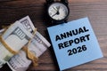 Concept of annual report 2026 write on sticky notes isolated on Wooden Table Royalty Free Stock Photo