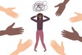 The concept of anxiety disorders. The depressed African woman is confused. Many hands of different nationalities offer