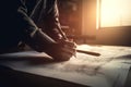 Concept architects engineer holding pen pointing. Generative AI