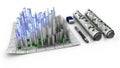 Concept of architectural design of a city emerging from the map Royalty Free Stock Photo