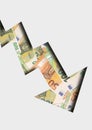 Concept arrow going down for stock trading with euro banknotes. Losing money Royalty Free Stock Photo