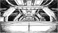 Concept Art Cartoon Drawing of Abstract Sci Fi Futuristic Space Ship Corridor Design. Royalty Free Stock Photo