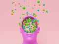 Concept art of colorful creative Imagination. pink head with a round hole and many multicolored balls. 3d rendering