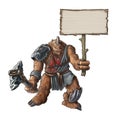 Concept Art Fantasy Painting of Giant Warrior Creature With Stone Axe Holding Empty Sign