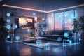 A concept art of a digital holographic artificial intelligence (ai) smart technology in a house and a flat