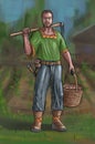 Concept Art Fantasy Illustration of Villager, Countryman, Farmer or Village Man With Hoe and Basket