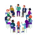 Concept art of group therapy, brainstorming meeting, people sitting in circle, anonymous club. Isolated on white background. Flat Royalty Free Stock Photo