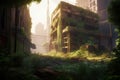 Concept art illustration of post apocalyptic city overgrown with lush vegetation Generative AI.