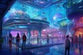 Concept art of imagined Gen Z future worlds like underwater social media bases, space-faring media studios, metaverse brand