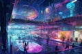 Concept art of imagined Gen Z future worlds like underwater social media bases, space-faring media studios, metaverse brand Royalty Free Stock Photo