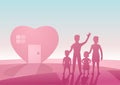 concept art of lovely and happy family with heart shape house in pink and black color by silhouette design Royalty Free Stock Photo