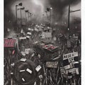 Concept art of riots in an African- American city. Streets on fire, silhouettes of angry people protesting in a revolution