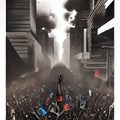 Concept art of riots in an African- American city. Streets on fire, silhouettes of angry people protesting in a revolution