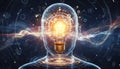 Concept of artificial intelligence creativity and innovation represented by glowing light bulb inside transparent human head Royalty Free Stock Photo