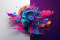 The concept of artificial intelligence in the field of music. A blue human face with headphones. Modern geometric background. Royalty Free Stock Photo