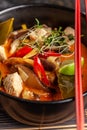 Concept of Asian cuisine. Thai soup Tom yam of chicken broth and coconut milk, mushrooms, chicken, chilli peppers, and vegetables Royalty Free Stock Photo