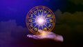 Concept of astrology and horoscope, person inside a zodiac sign wheel, Astrological zodiac signs inside of horoscope circle,