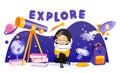 Concept Of Astronomy And Back To School. Boy Astronomer interested In Science. Boy In Space Helmet Is Sitting Near Big