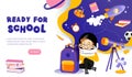 Concept Of Astronomy And Back To School. Website Landing Page. Boy In Space Helmet Astronomer Ready For Studying At