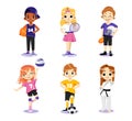 Concept Of Athletics. Multi Ethnic Teens Set. Different Type Of Sports. Children In Uniform Play Basketball, Tennis