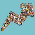 Concept of attracting customers and clients to business. Large group of people in the shape of an arrow direction